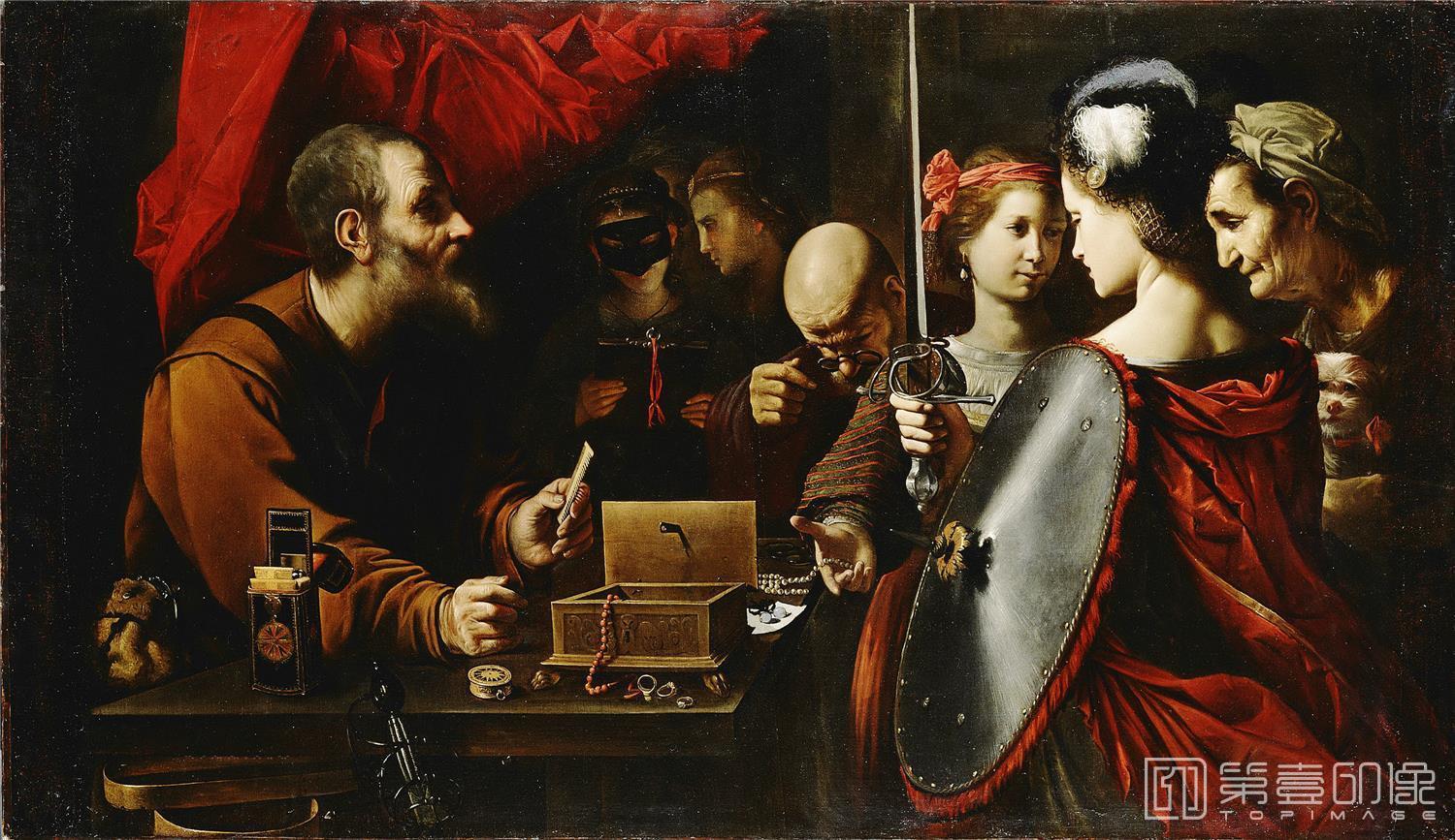 油画-美国洛杉矶保罗盖蒂美术馆-Паолини Пьетро (Лукка 1603-1681) - Ахиллес среди дочерей Ликомеда (127х203 см) 1625-30-235